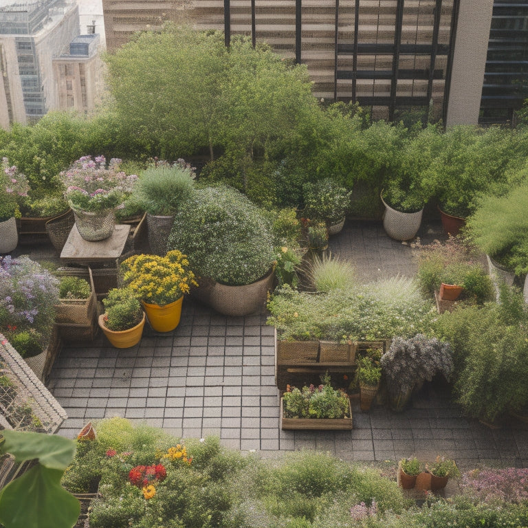 An aerial view of a lush rooftop garden with vibrant flowers, lush greenery, and repurposed materials like old pallets, wooden crates, and plastic bottles transformed into planters and trellises.