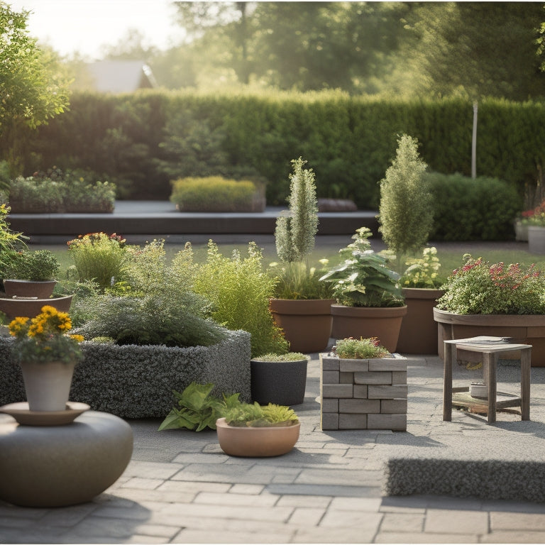 A serene outdoor setting with six block planters of varying sizes, each showcasing a different stage of assembly, surrounded by lush greenery, gardening tools, and a few scattered blocks.