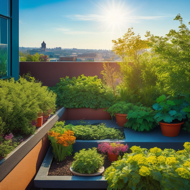 A rooftop garden scene with lush, varied greenery, featuring a central bed of crisp, emerald lettuce surrounded by complementary plants like marigolds, nasturtiums, and herbs, under a sunny blue sky.