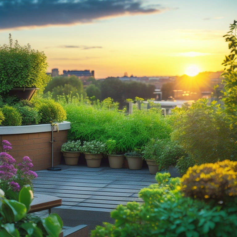 A serene rooftop garden scene at sunset, with lush greenery, vibrant flowers, and a few strategically placed birdhouses, surrounded by a sturdy metal railing and a subtle mesh screen to keep pests out.