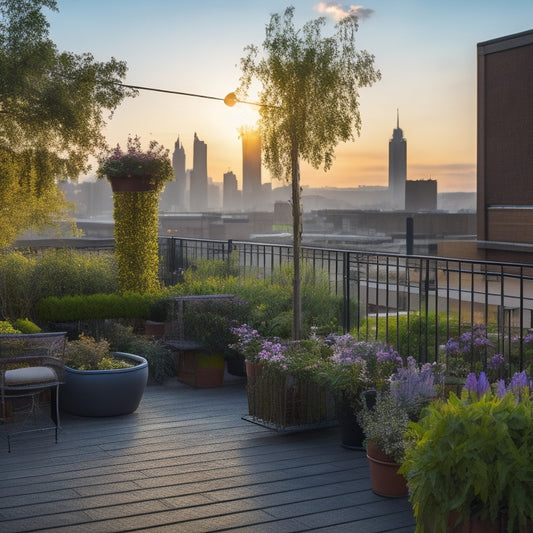 A serene rooftop garden with a variety of thriving plants in colorful containers, surrounded by a trellis, seating area, and decorative railings, set against a vibrant cityscape at sunset.