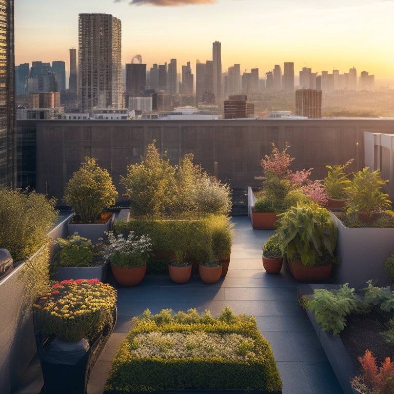 An aerial view of a rooftop garden with multiple vertical planters in varying sizes and shapes, overflowing with lush greenery and vibrant flowers, against a backdrop of a cityscape at sunset.