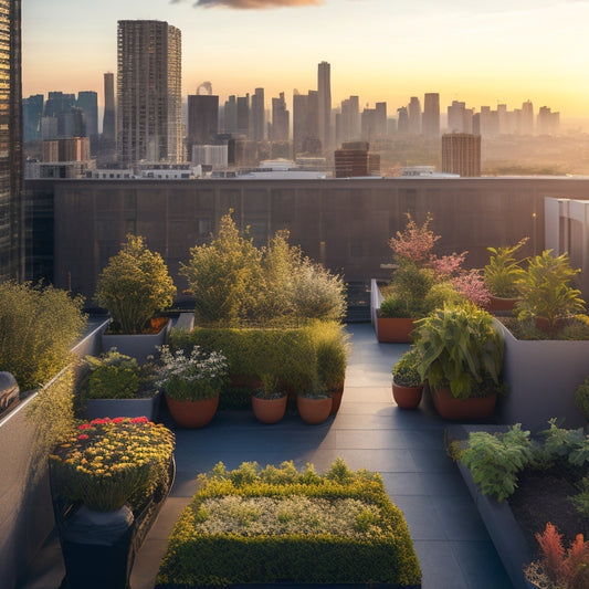 An aerial view of a rooftop garden with multiple vertical planters in varying sizes and shapes, overflowing with lush greenery and vibrant flowers, against a backdrop of a cityscape at sunset.