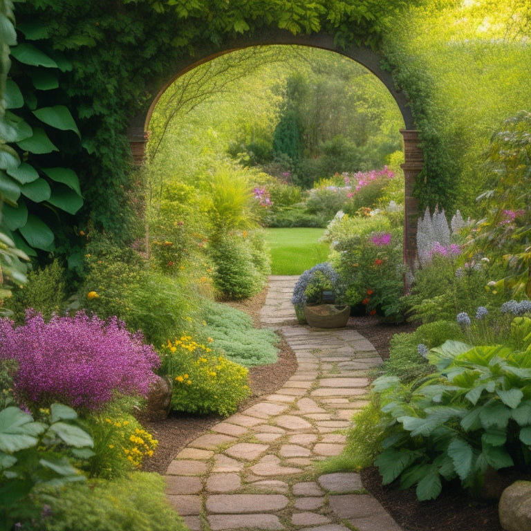 An image depicting a lush, vibrant garden with a mix of leafy greens, colorful flowers, and herbs growing upwards on a trellis, surrounded by a small, curved pathway and a few scattered garden stones.