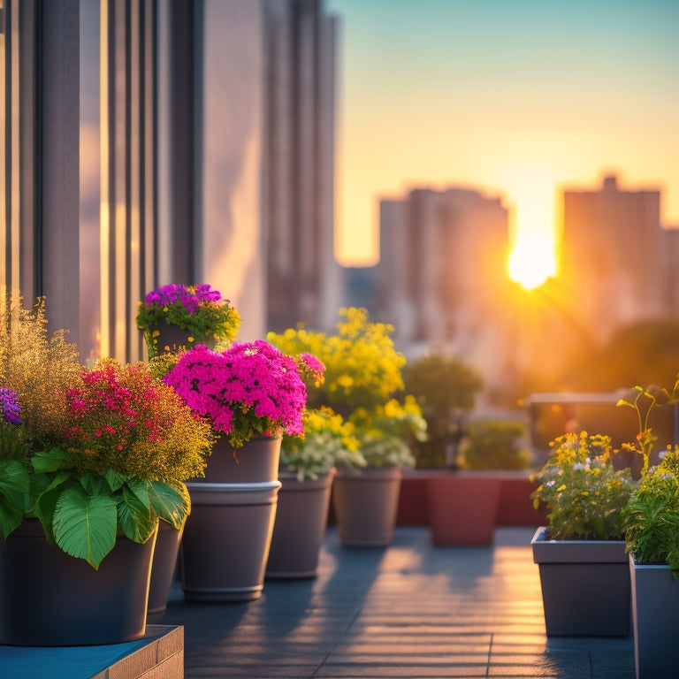A vibrant city balcony with sleek, modern block planters in varying sizes, overflowing with lush greenery and colorful flowers, amidst a bustling urban landscape at sunset.