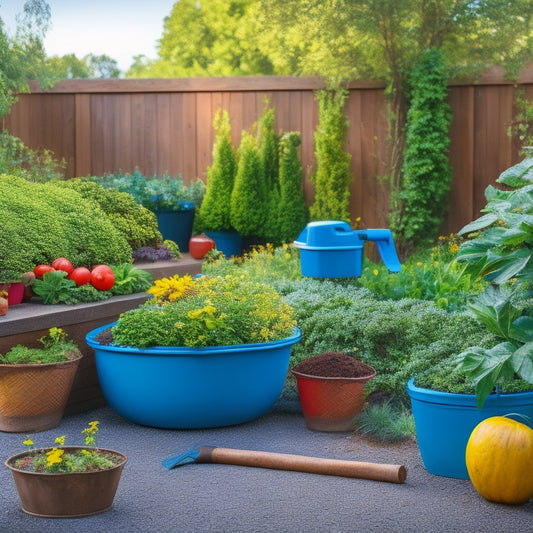 A serene backyard scene with three vibrant vegetable planters, each with a soaker hose coiled around the base, surrounded by lush greenery and a few scattered gardening tools.