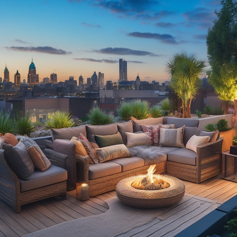 A serene rooftop scene with plush sectional sofas, vibrant greenery, and a statement fire pit, surrounded by twinkling string lights and a breathtaking cityscape at sunset.