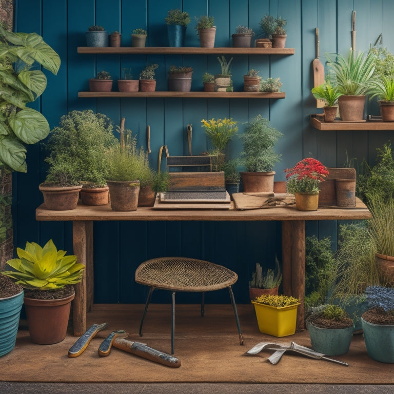 A colorful, clutter-free workspace with a worn wooden table, surrounded by a variety of gardening tools, including a trowel, pruners, and gloves, amidst potted plants and a few empty planters.