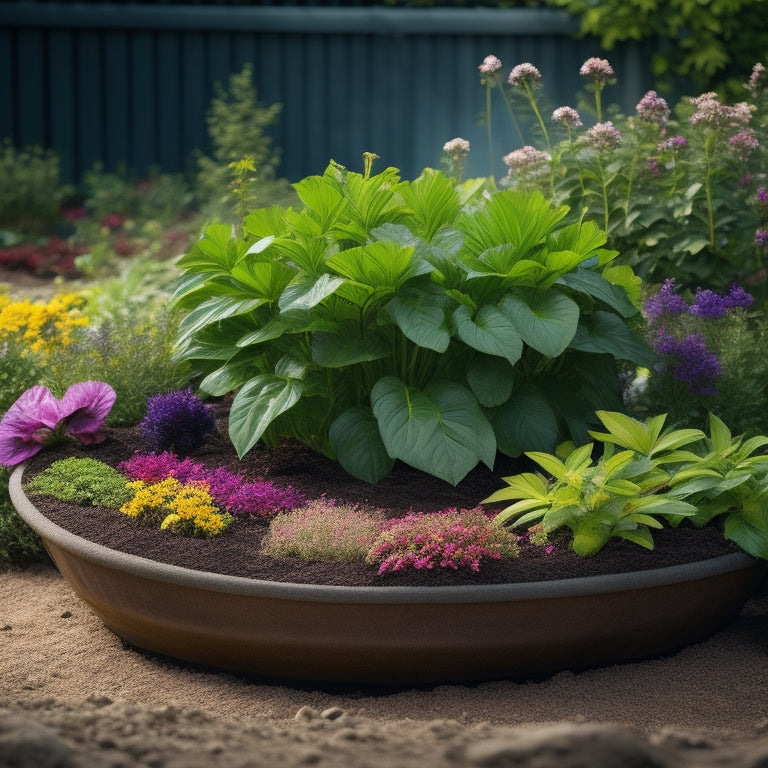 An illustration of a thriving planter with lush greenery and vibrant flowers, surrounded by a neatly laid weed barrier fabric, with a few strategically placed rocks and mulch.