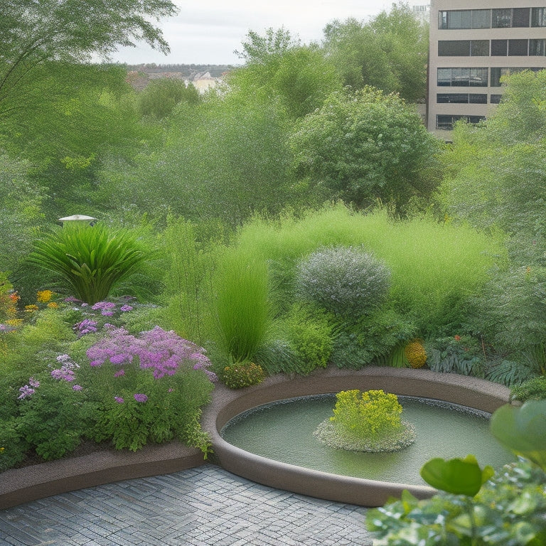 A serene rooftop garden with lush greenery, vibrant flowers, and a small pond, surrounded by a subtle mesh fence, with a few discreet yet effective pest control elements, such as copper tape and bird repellents.