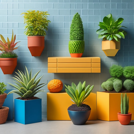 Generate an image of a collection of modern planters with unique, visually striking block wall patterns, featuring a mix of geometric shapes, bold colors, and organic textures.