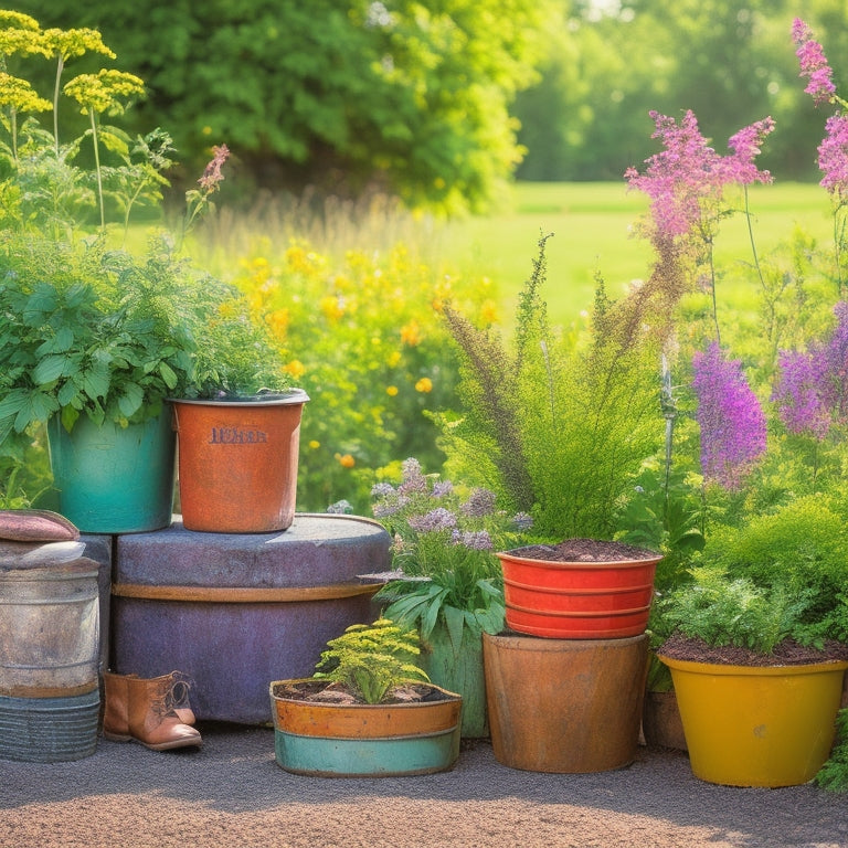 A colorful, rustic outdoor setting with a mix of repurposed planters, including old boots, wooden crates, and galvanized buckets, overflowing with lush green herbs and vines, amidst a sunny garden backdrop.