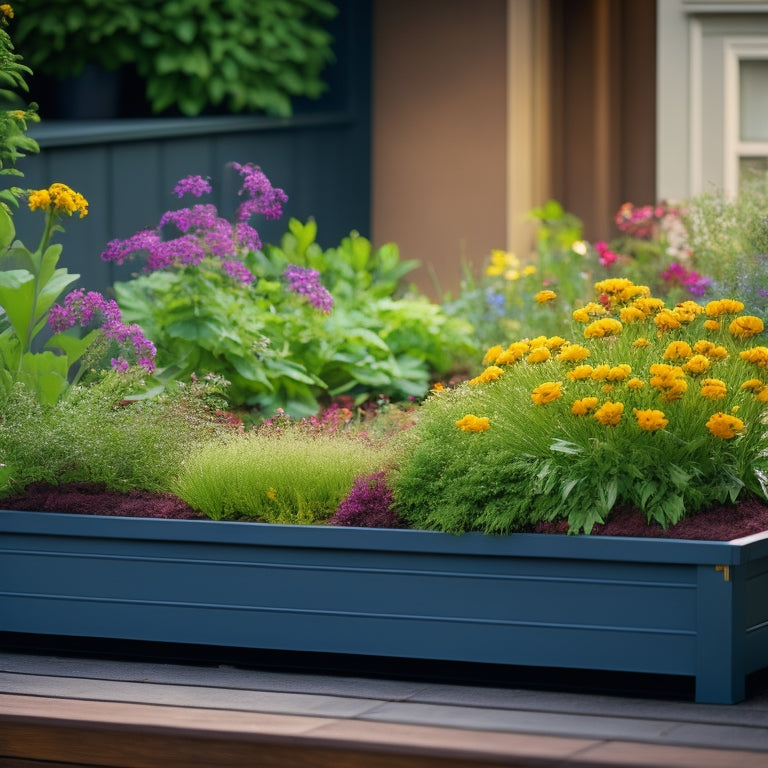 A serene garden scene depicting a raised planter box with lush greenery and vibrant flowers, surrounded by a subtle mist from a discreet irrigation system with thin tubes and tiny emitters.