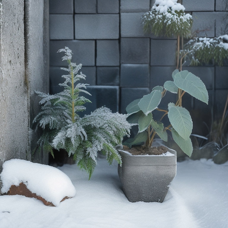A frosty winter scene with a withered, dead plant in a cracked, crumbling cinder block planter, contrasted with a thriving, green plant in a protected, wrapped, or sheltered cinder block planter nearby.