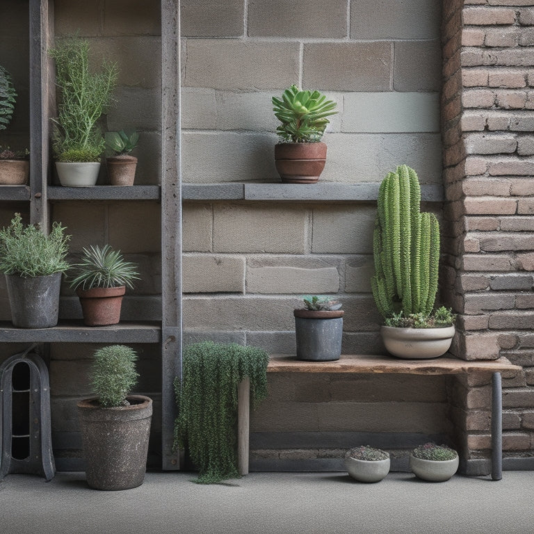 A rustic, industrial-chic concrete wall planter with 5-7 small potted succulents, surrounded by exposed brick, industrial pipes, and a distressed wooden ladder in the background.
