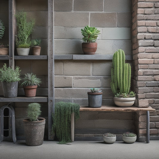 A rustic, industrial-chic concrete wall planter with 5-7 small potted succulents, surrounded by exposed brick, industrial pipes, and a distressed wooden ladder in the background.