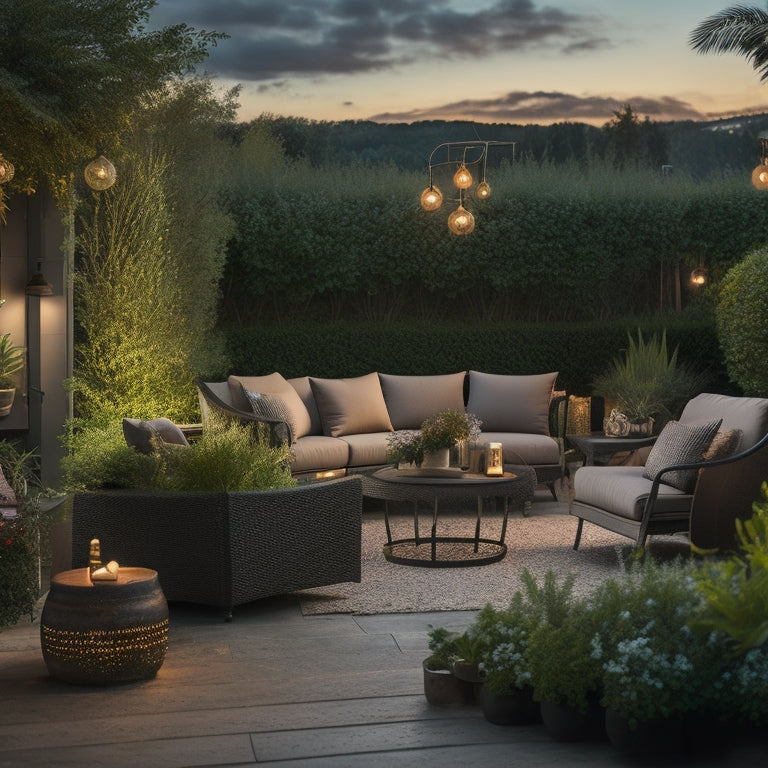 A serene outdoor space at dusk with 10 varied planters, each uniquely styled, surrounded by lush greenery, warm string lights, and a few outdoor furniture pieces, all set against a warm sunset backdrop.