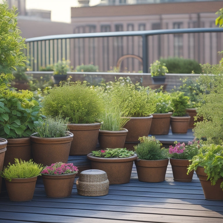 A serene rooftop garden scene with six to eight varying-sized containers, each filled with lush green vegetables, herb plants, and vibrant flowers, arranged harmoniously on a wooden deck.