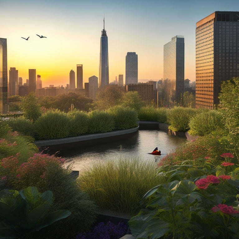 A serene rooftop garden with lush greenery, vibrant flowers, and a small pond, surrounded by sleek skyscrapers, with a few birds perched on the railing, overlooking a bustling cityscape at sunset.