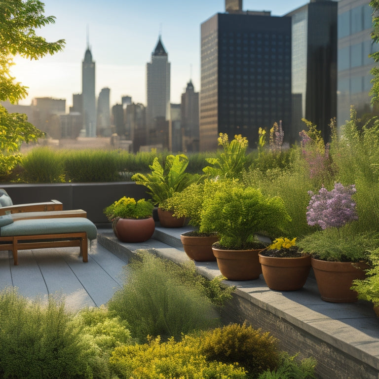 A serene rooftop garden amidst a bustling cityscape: lush greenery spills over concrete planters, vibrant flowers bloom, and a tranquil wooden bench invites relaxation beneath a warm, sunny sky.