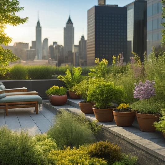 A serene rooftop garden amidst a bustling cityscape: lush greenery spills over concrete planters, vibrant flowers bloom, and a tranquil wooden bench invites relaxation beneath a warm, sunny sky.