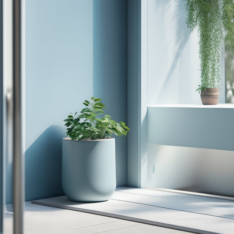 A minimalist balcony with a sleek, modern concrete planter in the corner, overflowing with lush greenery, against a soft, pastel-blue background with subtle natural light.