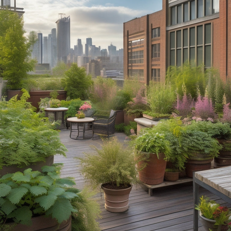 A lush, verdant rooftop garden with a mix of leafy ferns, delicate astilbe, and vibrant coleus, surrounded by weathered wooden planters and rustic metal trellises, set against a soft, misty urban skyline.