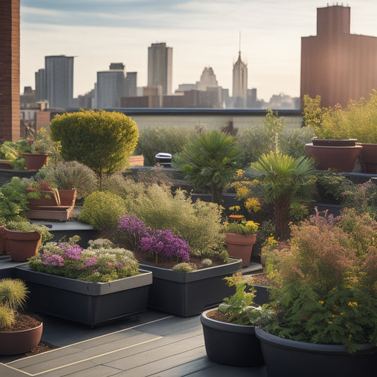 A serene rooftop garden with vibrant greenery, thriving flowers, and a few potted plants, surrounded by a layer of dark brown mulch, with a few scattered leaves and a subtle cityscape in the background.