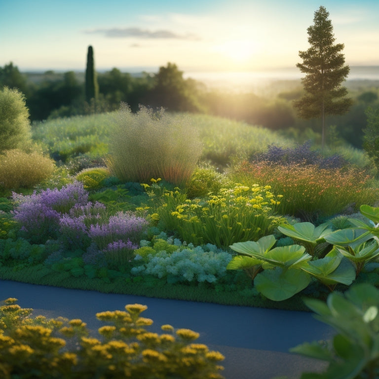 An illustration of a lush green roof with various types of plants, trees, and flowers, surrounded by a subtle aura of carbon dioxide molecules being absorbed, with a faint blue sky in the background.