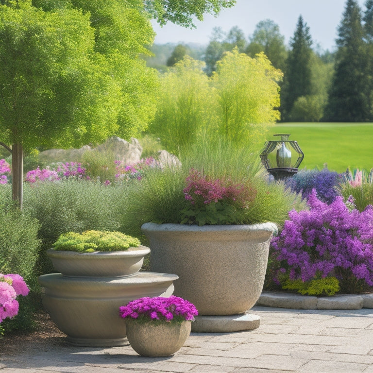 A serene outdoor setting with multiple planters of varying sizes, shapes, and materials, surrounded by lush greenery, colorful blooms, and natural stone, under a sunny sky with a few puffy clouds.