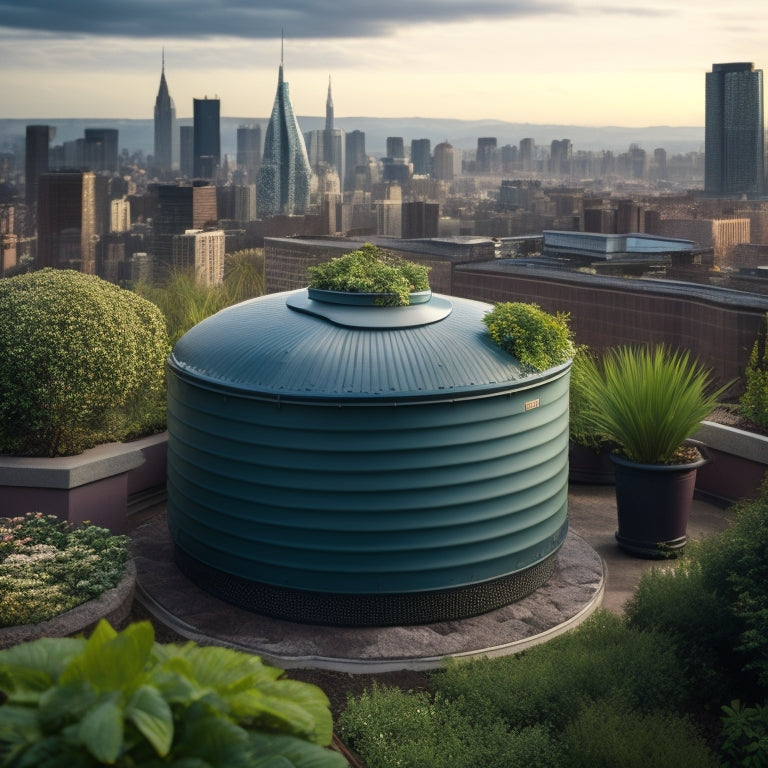 Illustrate a rooftop garden scene with a large, curved rainwater collection tank in the foreground, surrounded by lush greenery, with a subtle cityscape in the background.
