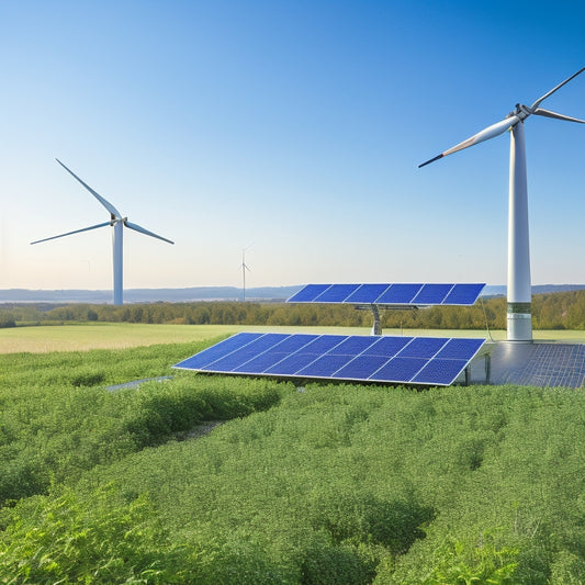 A rooftop harvesting system with solar panels, wind turbines, and greenery, with one panel cracked, a turbine blade broken, and weeds overgrowing, contrasted with a well-maintained system in the background.