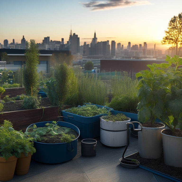 A serene rooftop garden scene at dawn, with lush green vegetables and herbs thriving in raised beds, surrounded by a drip irrigation system, hoses, and a watering can, set against a soft blue cityscape.