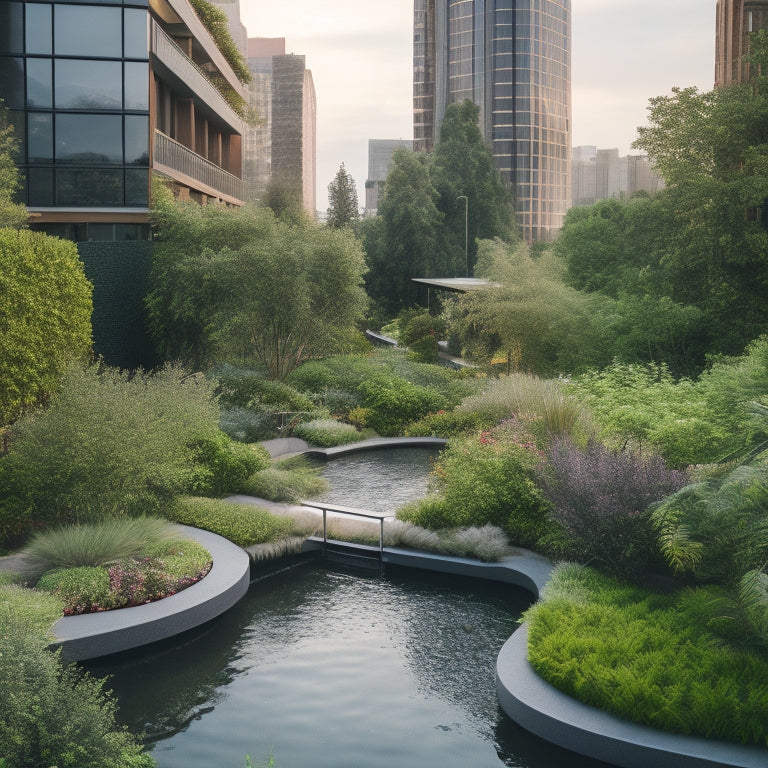 A serene rooftop oasis with lush greenery, vibrant flowers, and a meandering stream, surrounded by sleek modern buildings, with visible rainwater harvesting systems and a subtle misty atmosphere.
