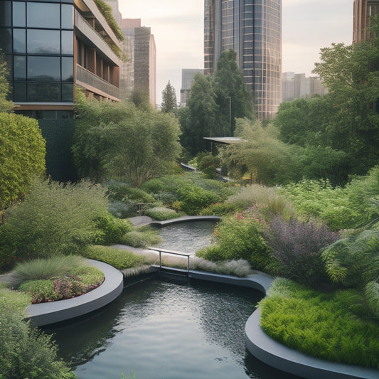 A serene rooftop oasis with lush greenery, vibrant flowers, and a meandering stream, surrounded by sleek modern buildings, with visible rainwater harvesting systems and a subtle misty atmosphere.