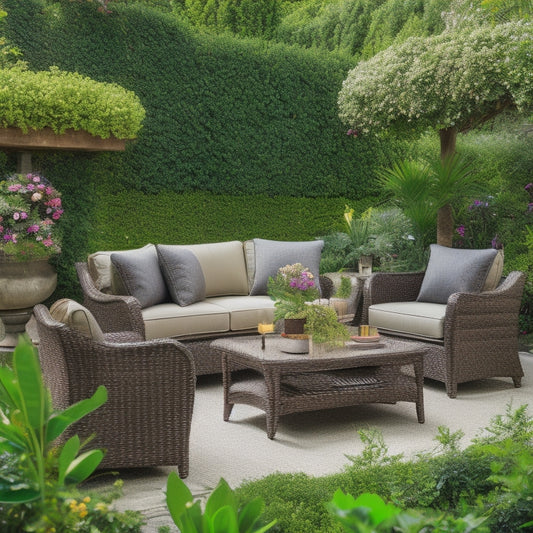 A serene outdoor setting with a wicker sectional sofa, two matching armchairs, and a coffee table, surrounded by lush greenery and vibrant flowers in ornate planters.