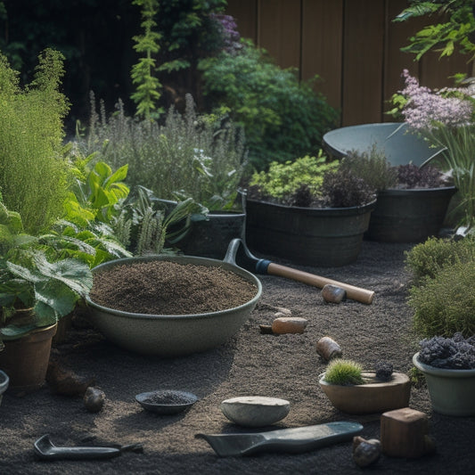 A messy garden bed with scattered seeds, tangled vines, and broken planters, contrasted with a neat, thriving garden nearby, featuring a set of sleek, organized block planter tools.