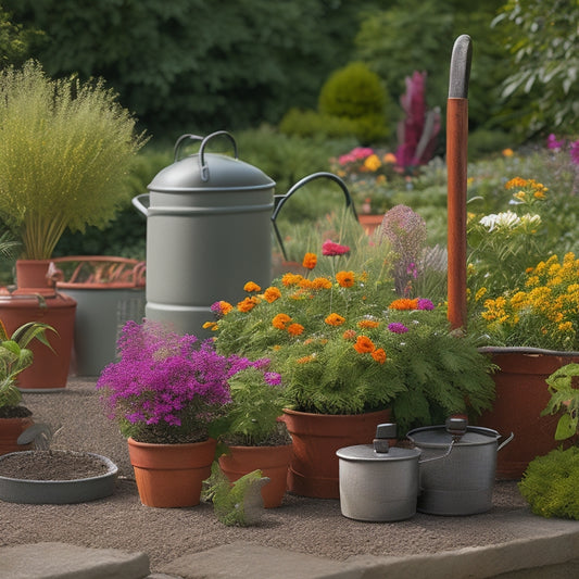 A serene garden scene with various tools and equipment, including a fertilizer spreader, gardening gloves, and a watering can, arranged around a lush green planter with vibrant flowers and thriving plants.