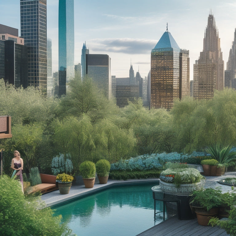 A serene rooftop oasis in the heart of a bustling metropolis: lush greenery, vibrant flowers, and towering trees surround a tranquil pond, with a cityscape backdrop of towering skyscrapers.