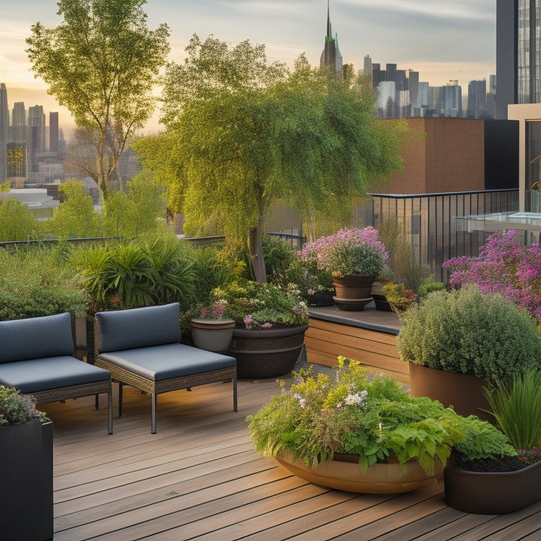 A serene rooftop deck with a compact, lush garden featuring a statement piece tree in a wooden planter, surrounded by vibrant flowers, potted herbs, and a sleek, modern seating area with a cityscape backdrop.
