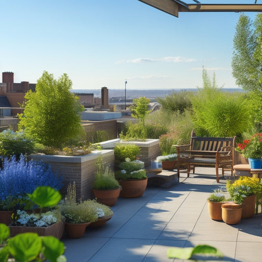 A serene rooftop garden scene with lush greenery, vibrant flowers, and a small wooden bench, set against a clear blue sky with a few puffy white clouds.