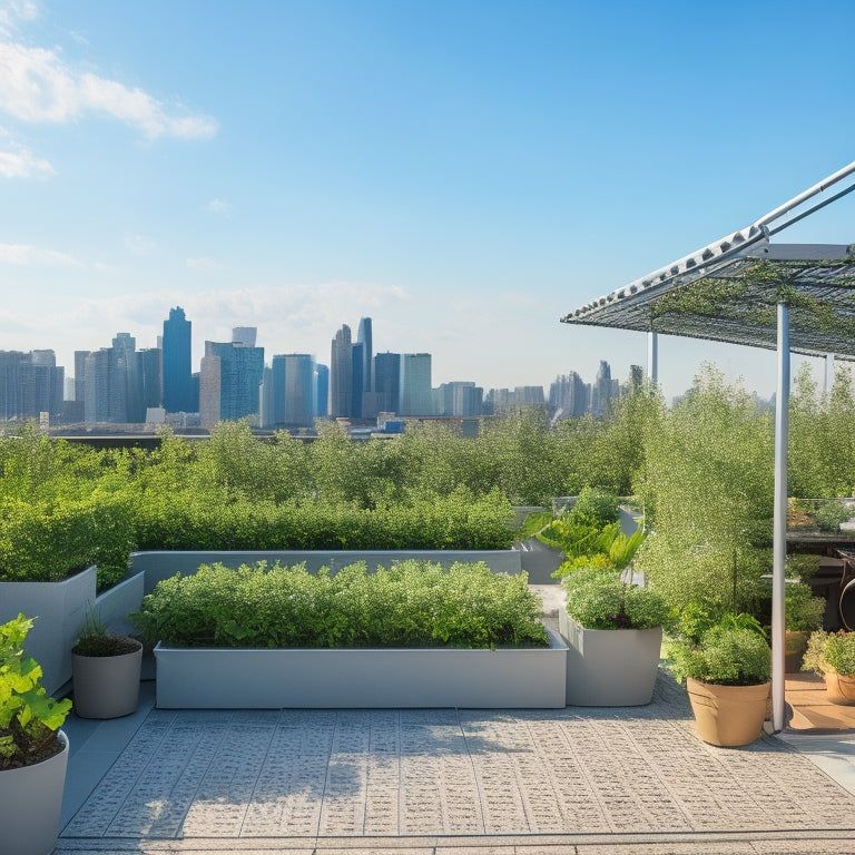 A serene rooftop oasis with a trellis supporting lush green vines, surrounded by sleek, modern planters containing a variety of vibrant hydroponic crops, under a bright blue sky with few puffy clouds.