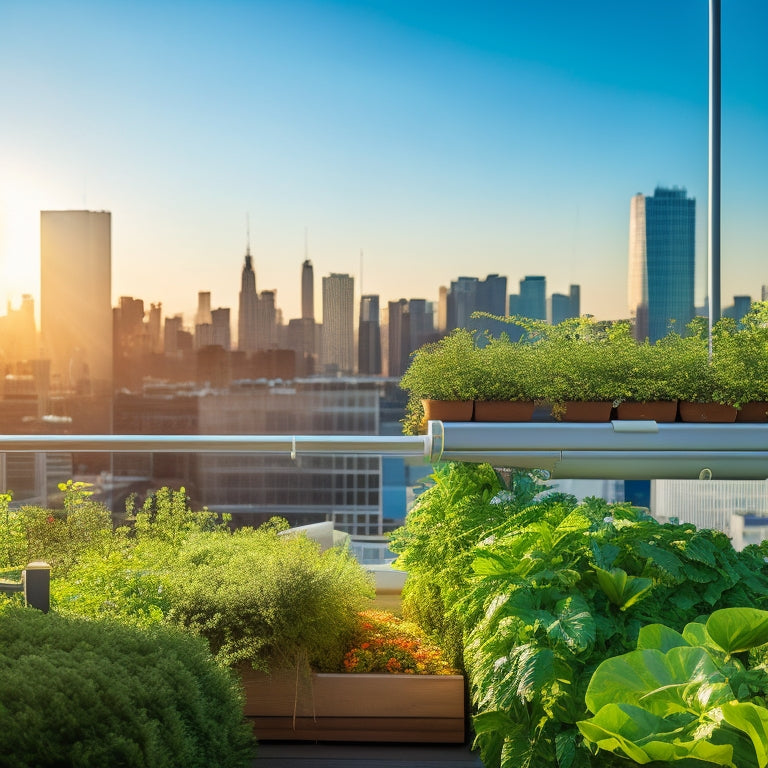 A rooftop garden with a small, sleek hydroponic system featuring a vertical trellis, pipes, and tubes, surrounded by lush greenery, with a cityscape in the background, under a bright blue sky.