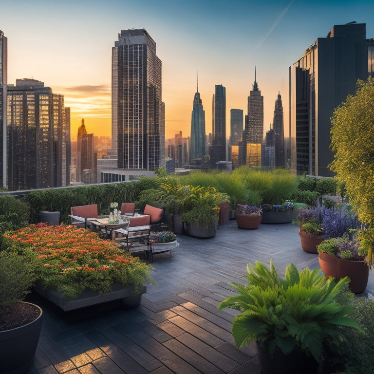 A serene rooftop oasis with lush greenery, vibrant flowers, and meandering pathways, surrounded by sleek skyscrapers, with a faint, warm sunset glow illuminating the urban landscape.