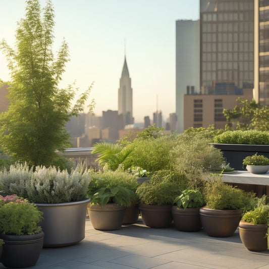 A rooftop garden scene with a mix of short and tall planters, showcasing wind-swept plants in shorter containers, versus lush, upright growth in taller ones, with a cityscape background.