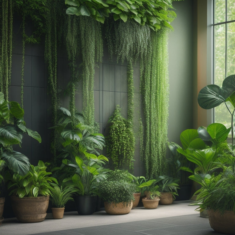 An illustration of a lush, thriving indoor garden wall with varying shades of greenery, misting system tubes, and a subtle humidity gauge in the corner, surrounded by a warm, natural light.