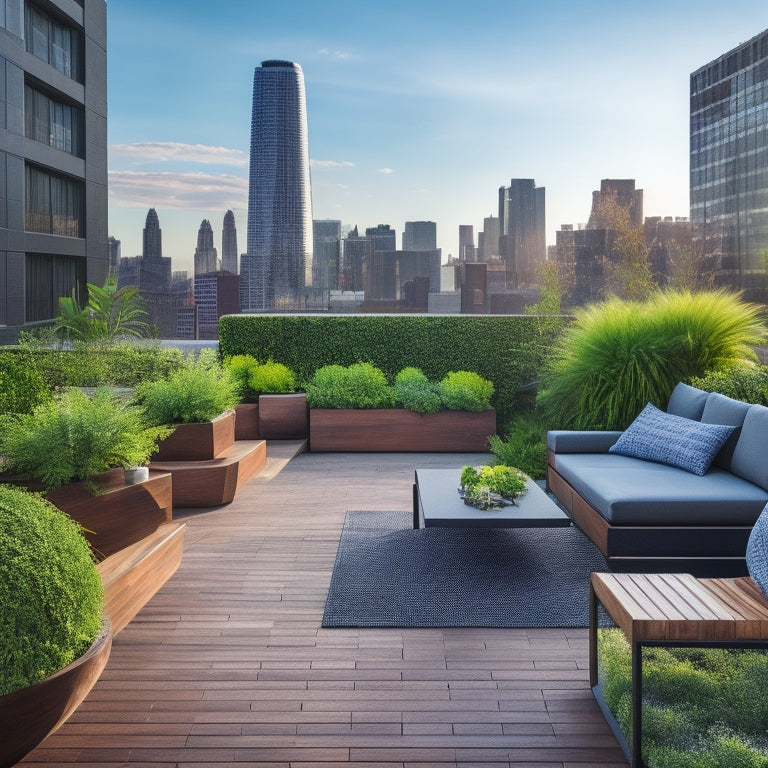 A serene rooftop garden with lush greenery cascading down a 10-foot-tall living wall, surrounded by sleek wooden planters, modern outdoor furniture, and a stunning cityscape in the background.