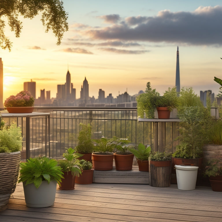 A serene rooftop garden scene with a mix of potted plants, a DIY trellis, and a repurposed wooden crate planter, set against a backdrop of a cityscape during sunset with a few fluffy white clouds.