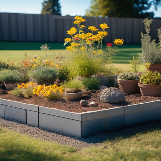 A partially built long planter box with grey concrete blocks, some stacked and others laid horizontally, surrounded by scattered soil, plants, and gardening tools on a sunny, grassy lawn.