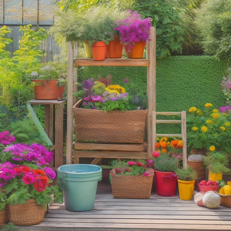 A vibrant, sun-drenched garden scene with a mix of colorful flowers, lush greenery, and ripe vegetables, surrounded by repurposed containers, twine, and DIY trellises, with a small, wooden toolbox in the corner.